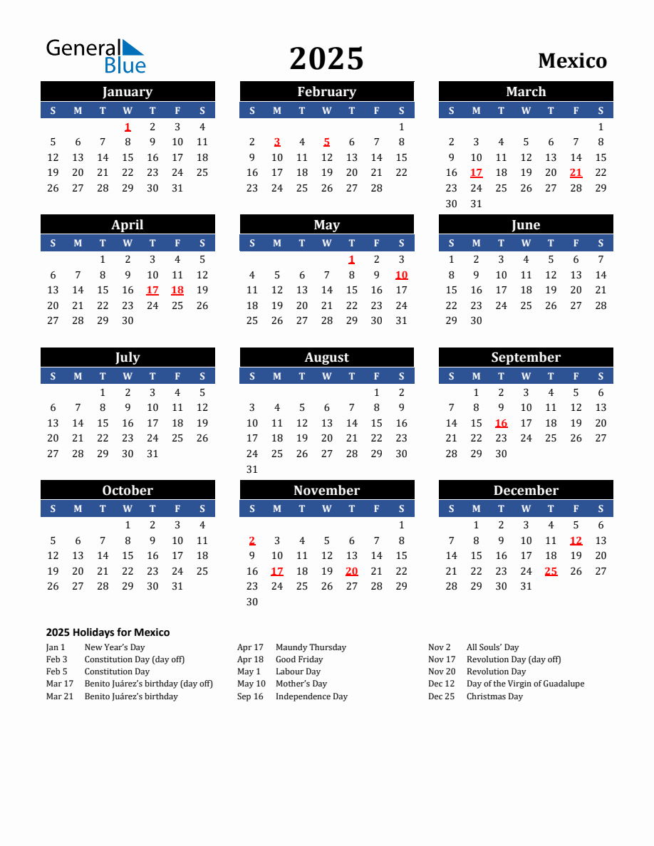 2025 Mexico Holiday Calendar