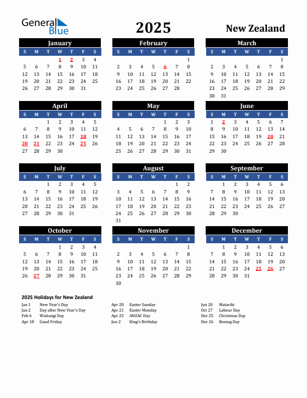 Standard Holiday Calendar for 2025 with New Zealand Holidays