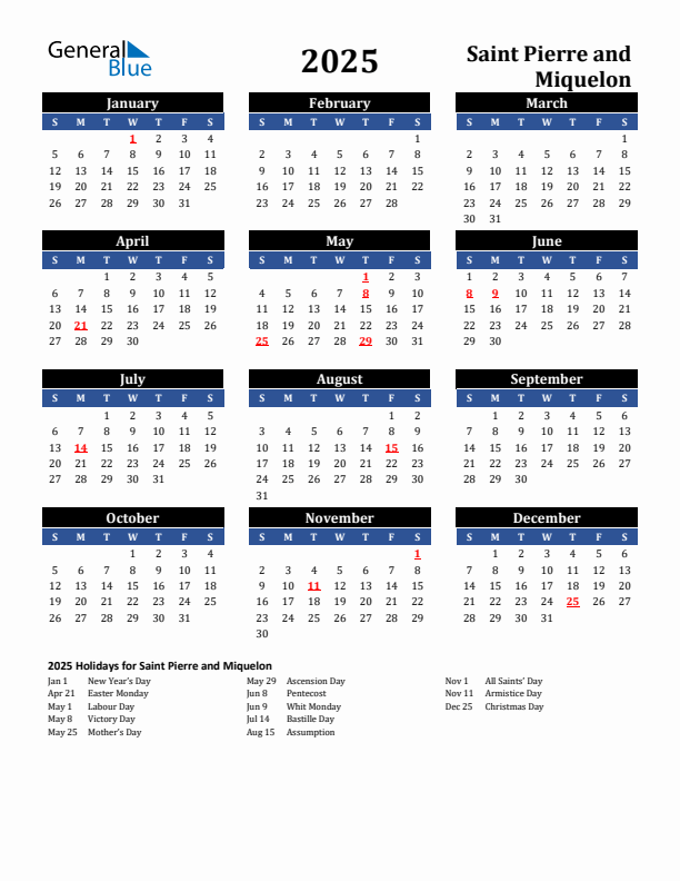 2025 Saint Pierre and Miquelon Holiday Calendar