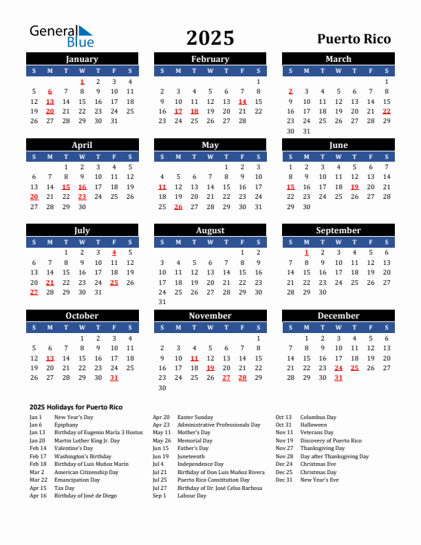 2025 Puerto Rico Holiday Calendar