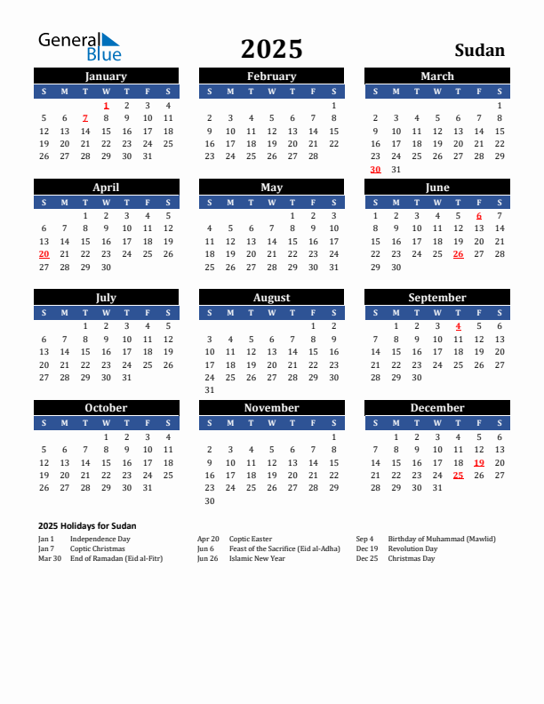 2025 Sudan Holiday Calendar
