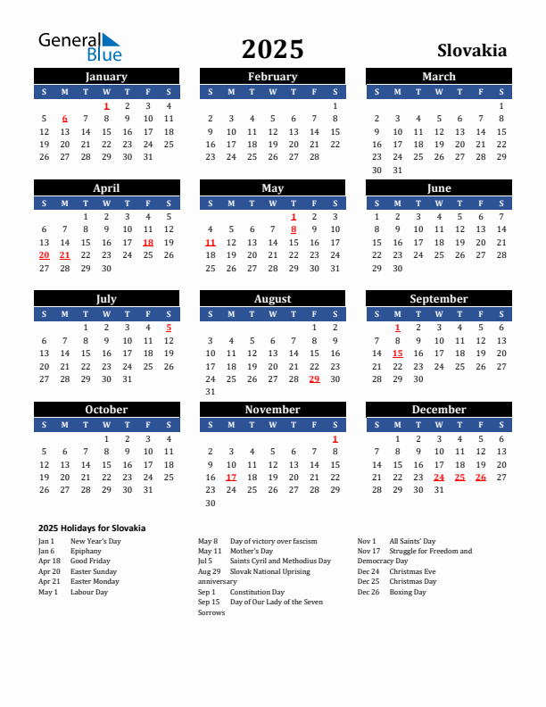 2025 Slovakia Holiday Calendar