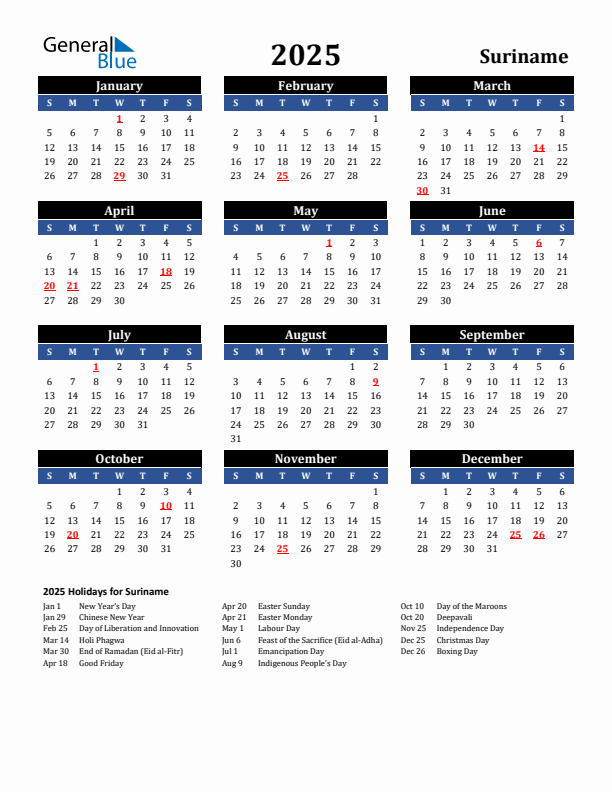 2025 Suriname Holiday Calendar
