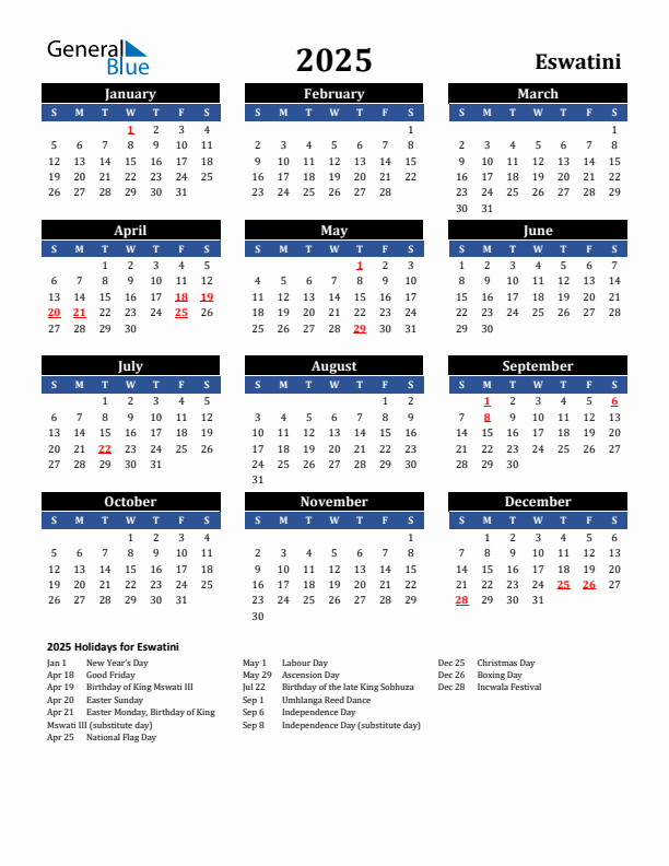 2025 Eswatini Holiday Calendar