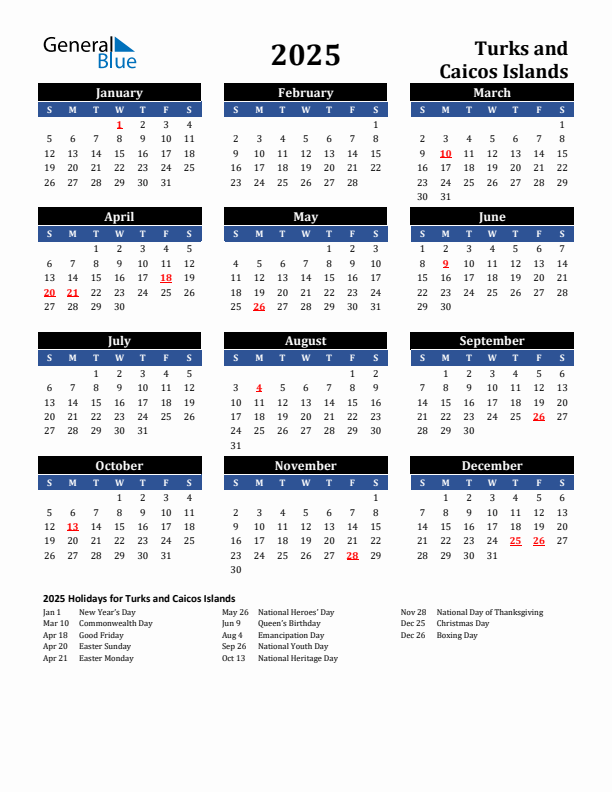 2025 Turks and Caicos Islands Holiday Calendar