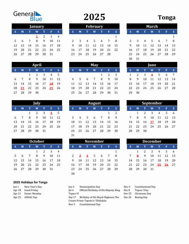 2025 Tonga Holiday Calendar