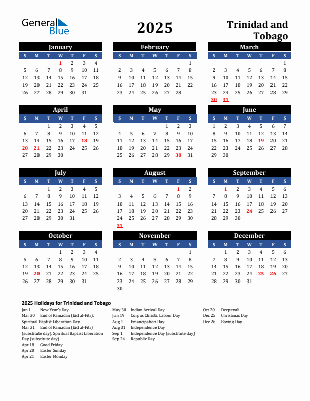 2025 Trinidad and Tobago Holiday Calendar