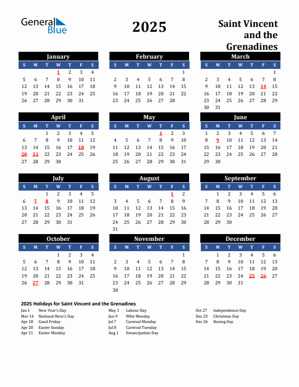 2025 Saint Vincent and the Grenadines Holiday Calendar