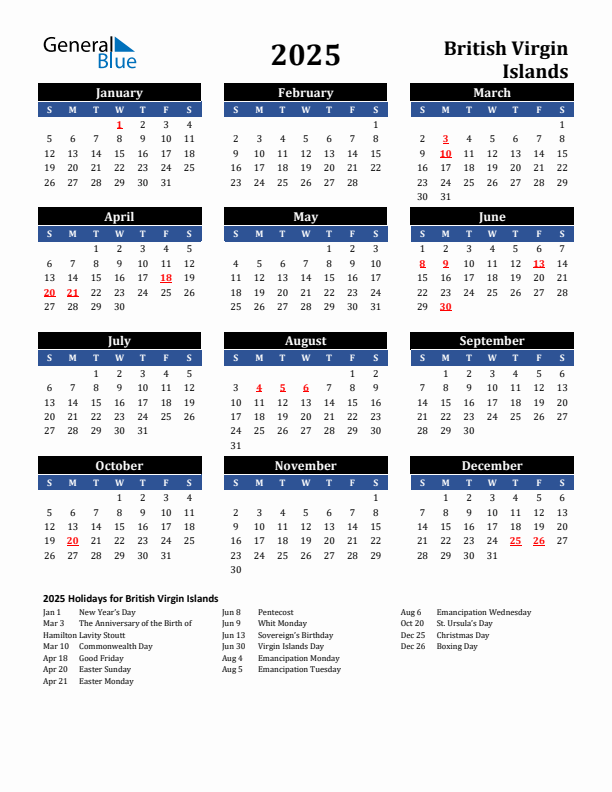 2025 British Virgin Islands Holiday Calendar