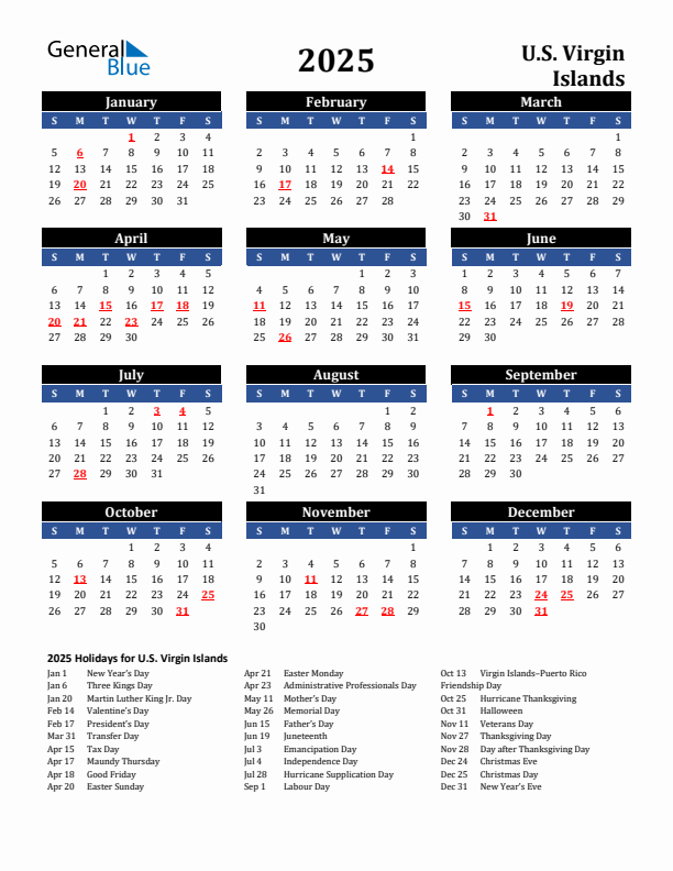 2025 U.S. Virgin Islands Holiday Calendar