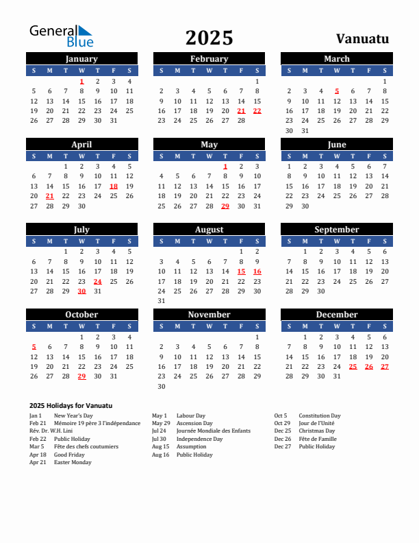 2025 Vanuatu Holiday Calendar