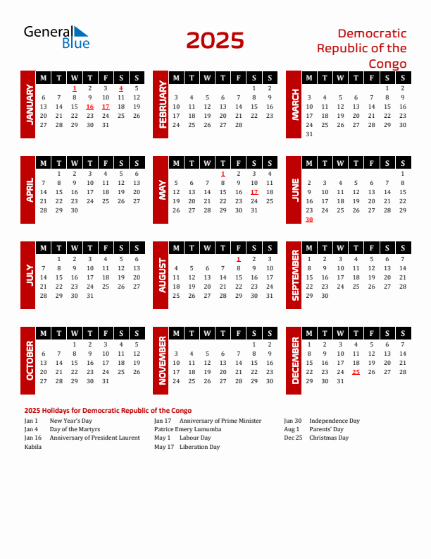 Download Democratic Republic of the Congo 2025 Calendar - Monday Start