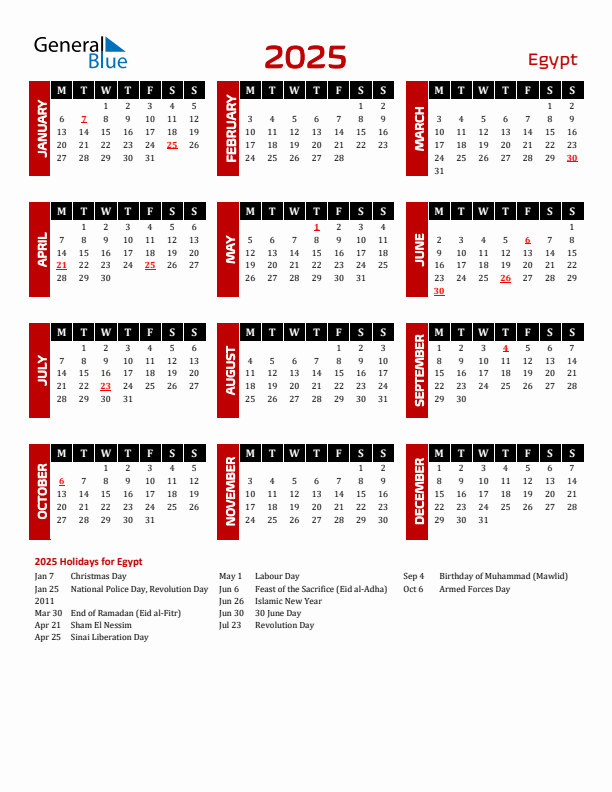 Download Egypt 2025 Calendar - Monday Start