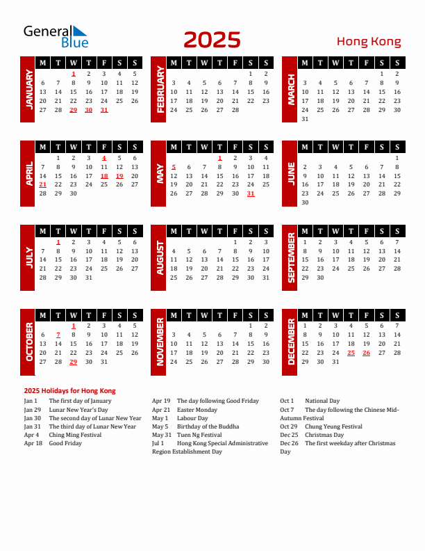Download Hong Kong 2025 Calendar - Monday Start