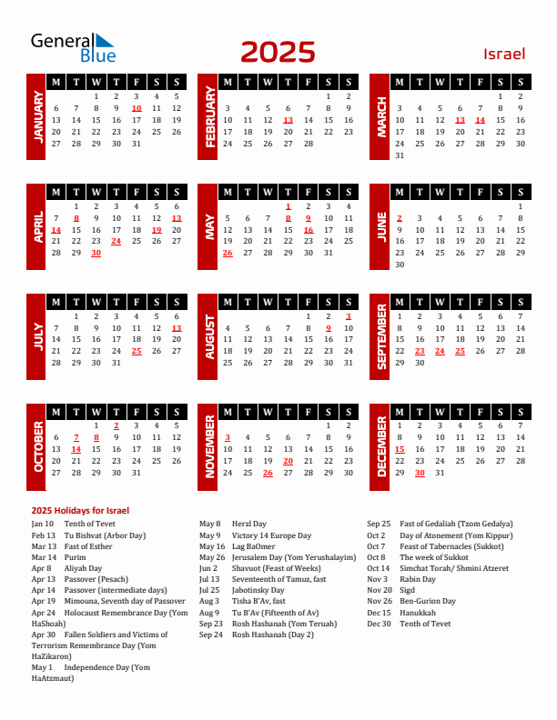 Download Israel 2025 Calendar - Monday Start