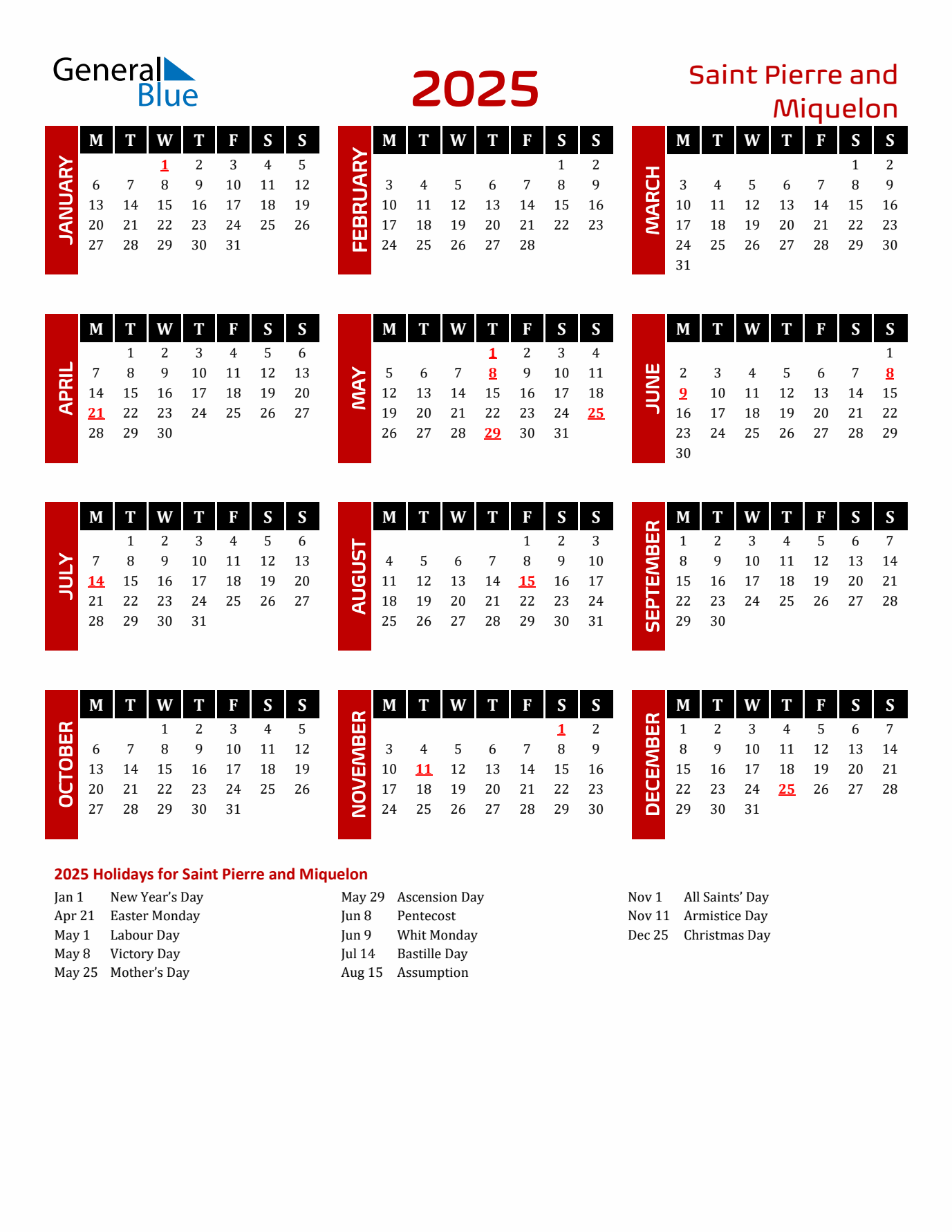 Download Saint Pierre and Miquelon 2025 Calendar - Monday Start