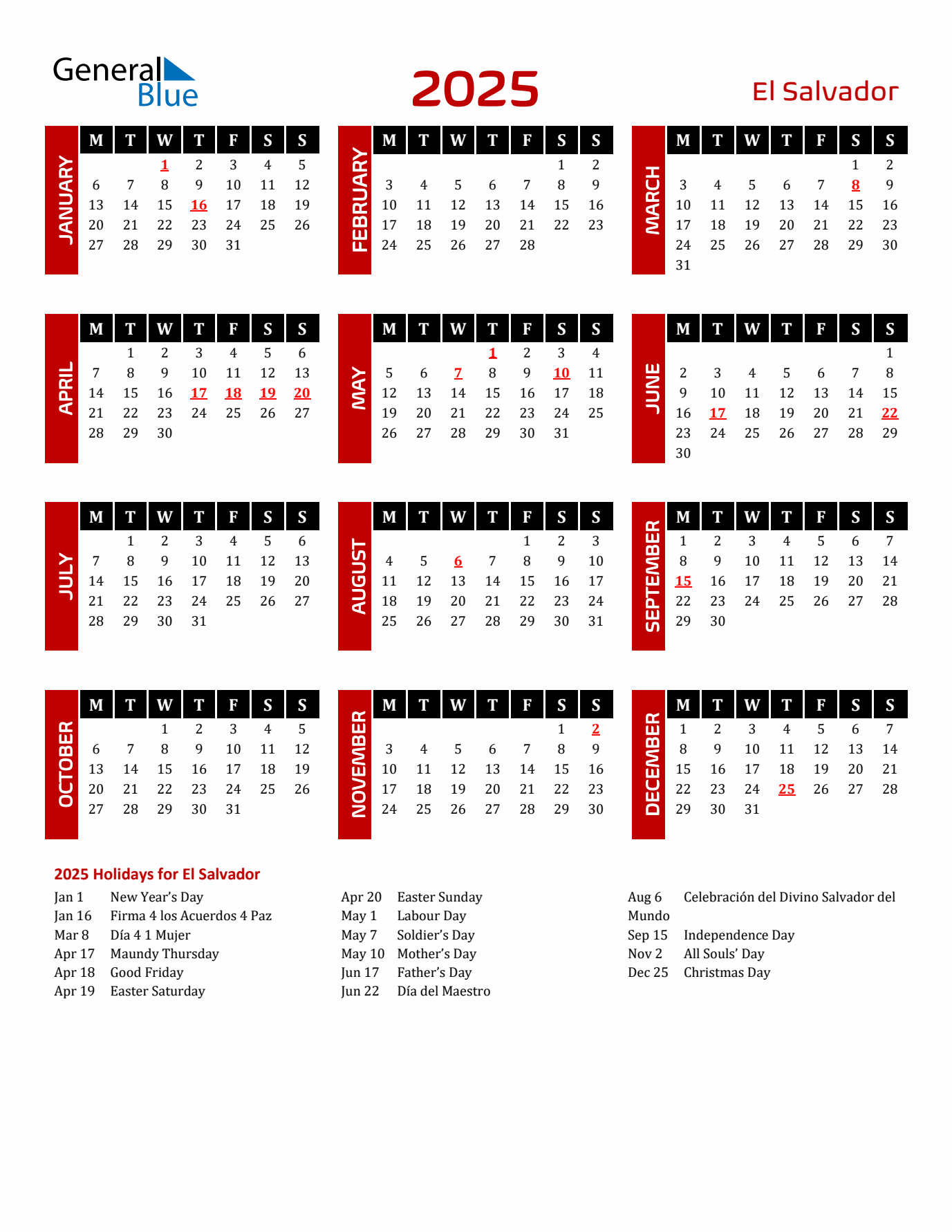 Download El Salvador 2025 Calendar - Monday Start