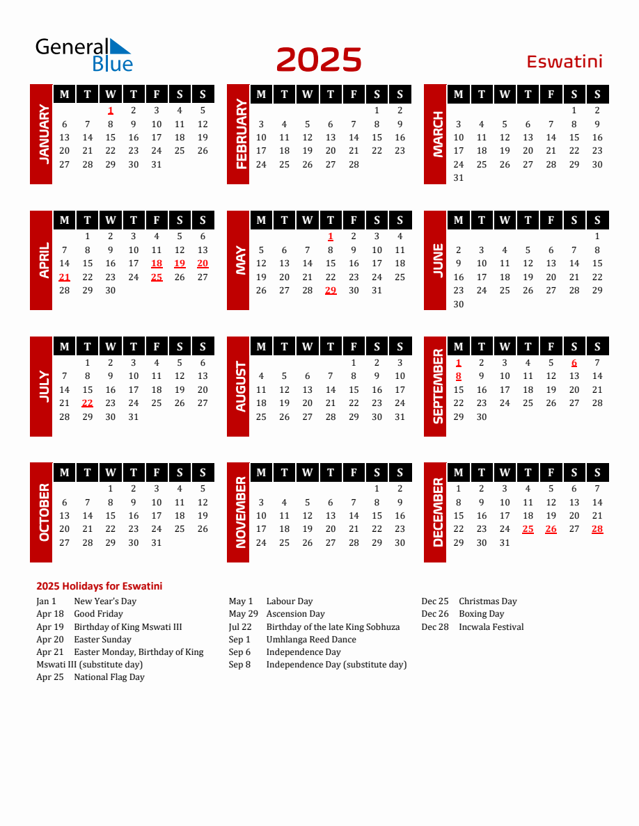 Eswatini 2025 Yearly Calendar Downloadable - Monday Start