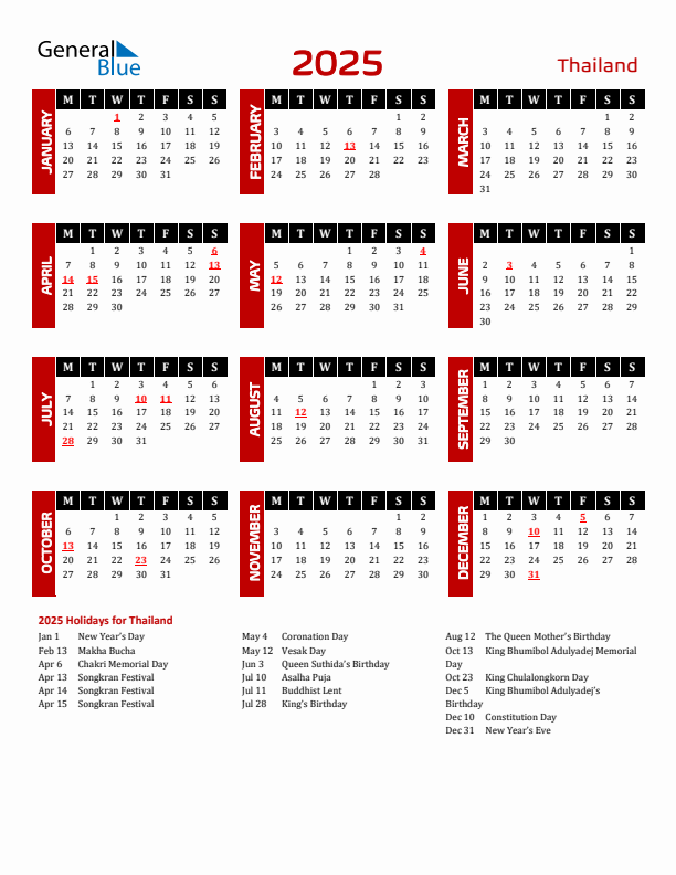 Download Thailand 2025 Calendar - Monday Start