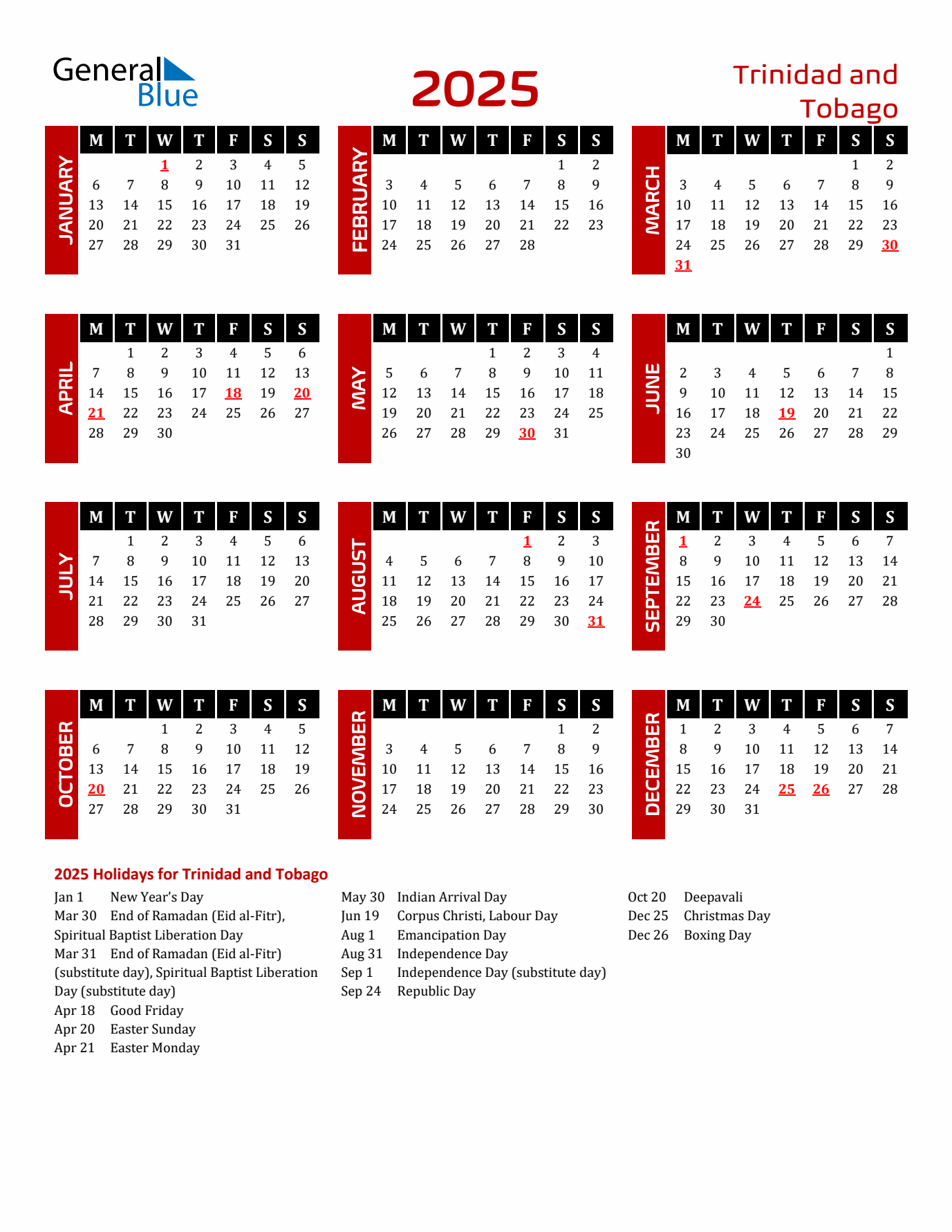 Download Trinidad and Tobago 2025 Calendar - Monday Start