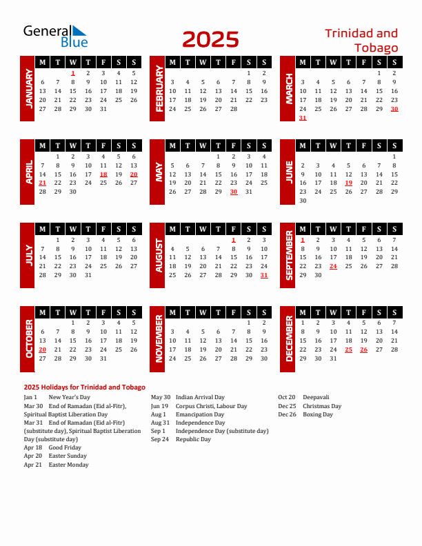 Download Trinidad and Tobago 2025 Calendar - Monday Start
