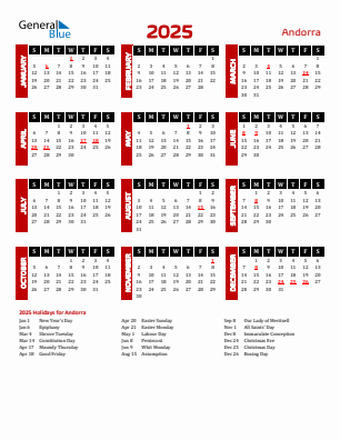 Andorra current year calendar 2025 with holidays