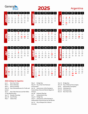 Argentina current year calendar 2025 with holidays