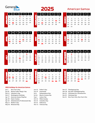 American Samoa current year calendar 2025 with holidays