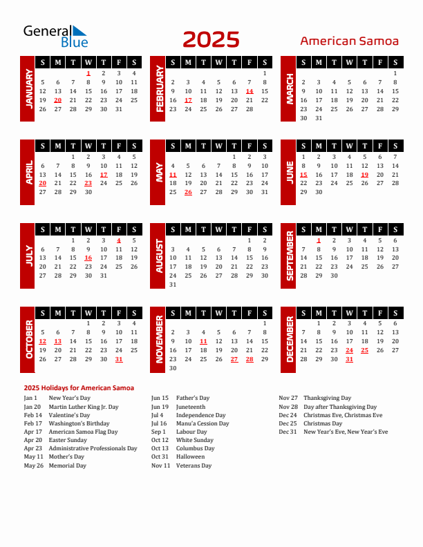 Download American Samoa 2025 Calendar - Sunday Start