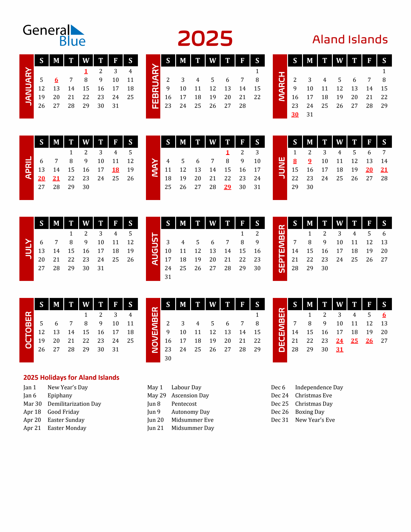 Download Aland Islands 2025 Calendar - Sunday Start