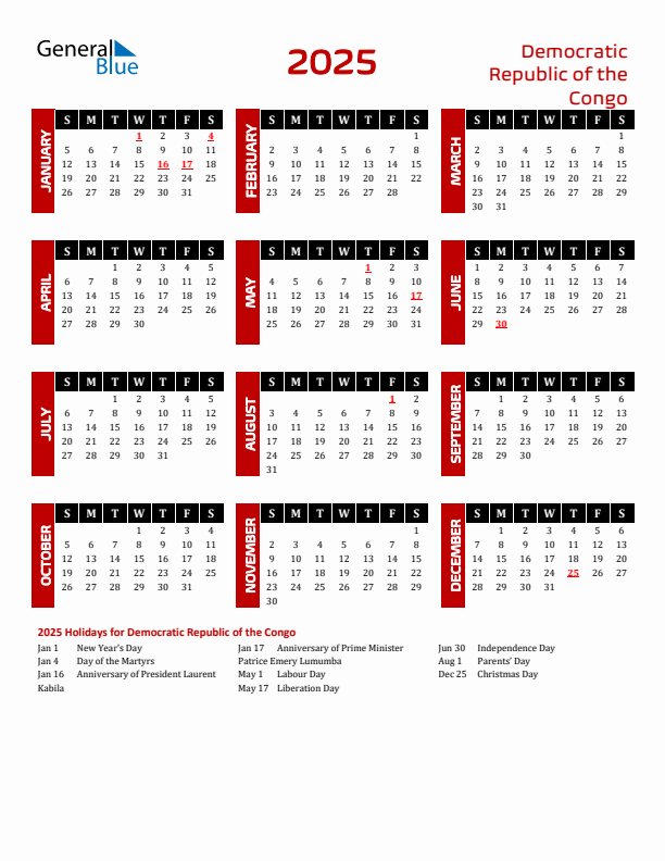 Download Democratic Republic of the Congo 2025 Calendar - Sunday Start