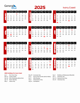Ivory Coast current year calendar 2025 with holidays