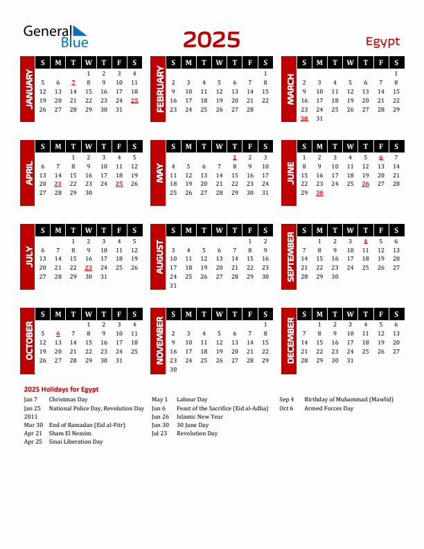 Download Egypt 2025 Calendar - Sunday Start