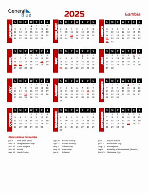 Gambia current year calendar 2025 with holidays