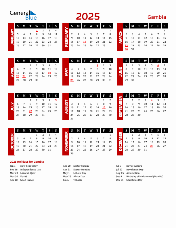 Download Gambia 2025 Calendar - Sunday Start