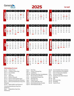 Israel current year calendar 2025 with holidays