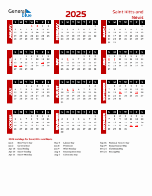 Saint Kitts and Nevis current year calendar 2025 with holidays