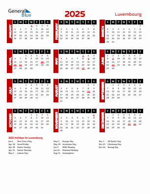 Luxembourg current year calendar 2025 with holidays