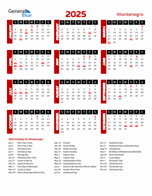 Montenegro current year calendar 2025 with holidays