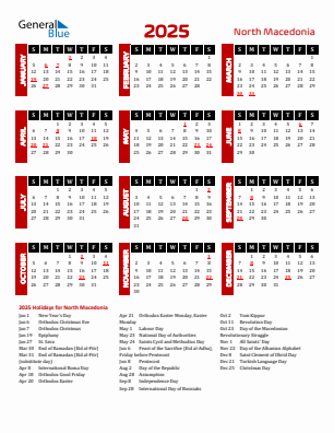 North Macedonia current year calendar 2025 with holidays