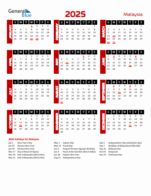 Malaysia current year calendar 2025 with holidays