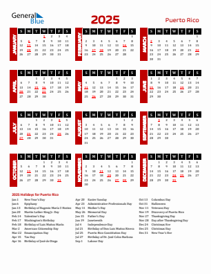 Puerto Rico current year calendar 2025 with holidays