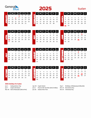 Sudan current year calendar 2025 with holidays