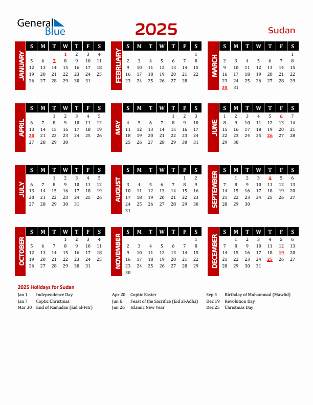 Download Sudan 2025 Calendar - Sunday Start
