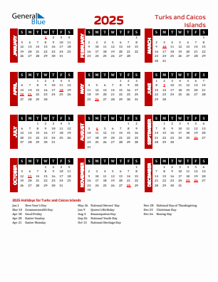 Turks and Caicos Islands current year calendar 2025 with holidays