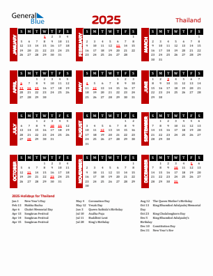 Thailand current year calendar 2025 with holidays