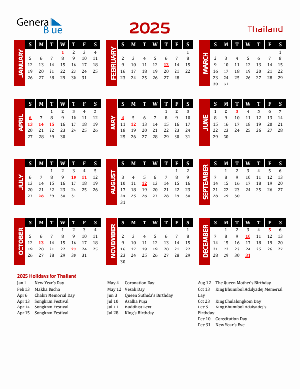 Download Thailand 2025 Calendar - Sunday Start