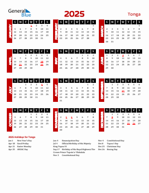 Tonga current year calendar 2025 with holidays
