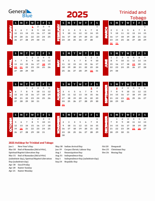 Trinidad and Tobago current year calendar 2025 with holidays