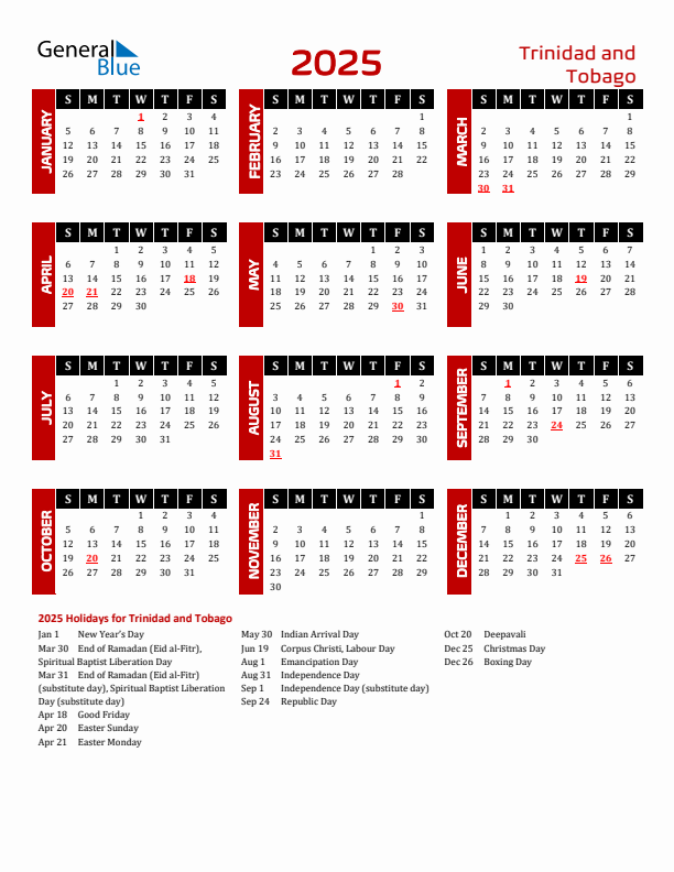 Download Trinidad and Tobago 2025 Calendar - Sunday Start